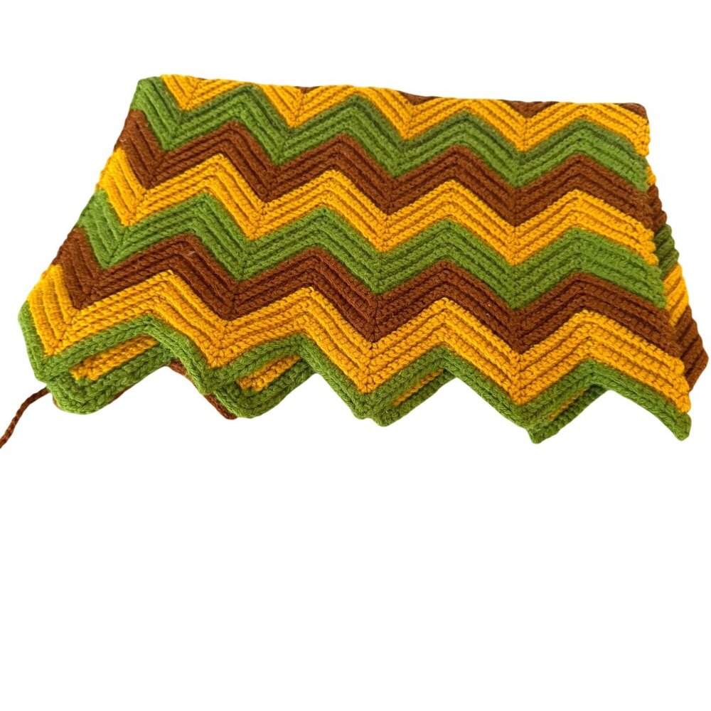 VTG Knit Blanket Lap Partial 17"x36" Chevron Green Brown Yellow 70s Harvest Gold - Picture 4 of 4